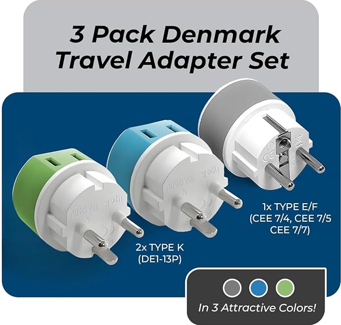OREI Denmark Power Plug Adapter with 2 USA Inputs - Travel 3 Pack - 1 Type K & 2 Type E/F Safe Grounded Use with Cell Phones, Laptop, Camera Chargers, CPAP, and More