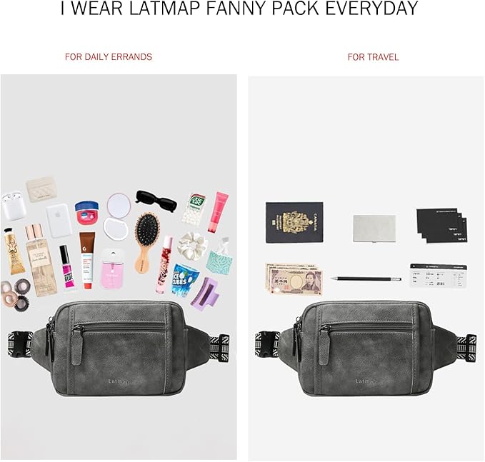 LATMAP 3L TRIPLE ZIP Fanny Packs Belt Bag For Women Men Crossbody Waist Pack Sling Chest Bum Travel Bag Purse Faux Leather Fashion Cute Dark Grey