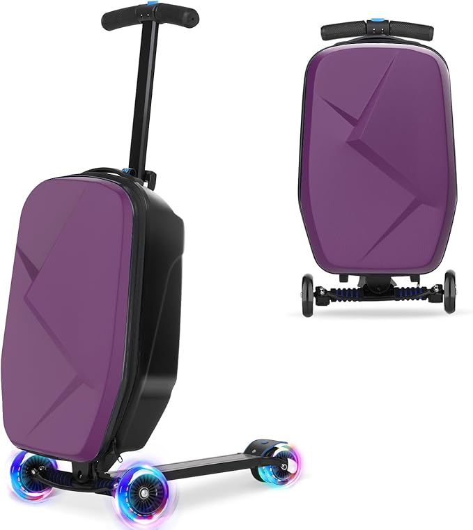 smilesun Scooter Luggage For Kids & Adults， Hardside Ride On Suitcase For Kids Ages 4-15 Multifunctional Lightweight Foldable Carry On Luggage With Wheels Ride On For Children Teenagers（Purple）