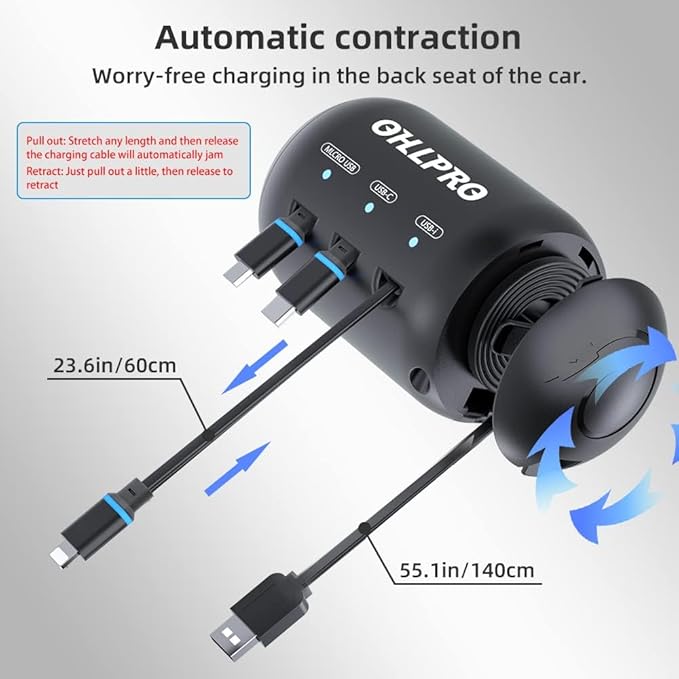 OHLPRO Multi Car Retractable Backseat 3 in 1 Car Charging Station Box Compatible with All Phones | iPhone | Samsung | Uber Taxi Lyft Turo Ride Share Customer Charging Dock Attach to Headrest