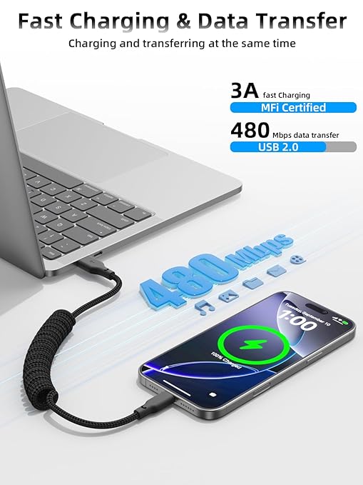 Quickeep Car Carplay Cable 2Pack 3ft Coiled USB A to USB C Fast Charge Cord for iPhone 17/16/15/Plus/Pro Max/MacBook Pro, Auto Coiled Retractable iPhone Car Cord