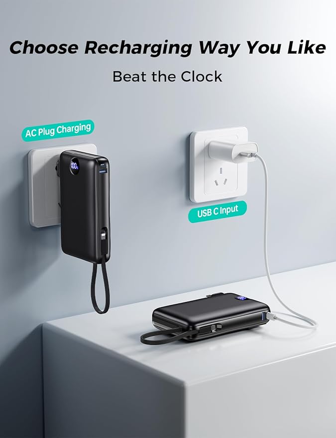 Portable Charger 50000mAh with Built-in Cables and AC Wall Plug, 22.5W Fast Charging Power Bank with LED Display for iPhone 17/16, Samsung, Android Devices, Camping, Road Trips and Travel, Dark