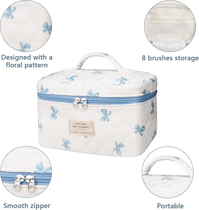 Gosect Large Makeup Bag, Cute Cosmetic Bag for Women Girls, Floral Coquette Aesthetic Toiletry Bag, Travel Make Up Organizer Bag (White Blue Butterfly Flower)