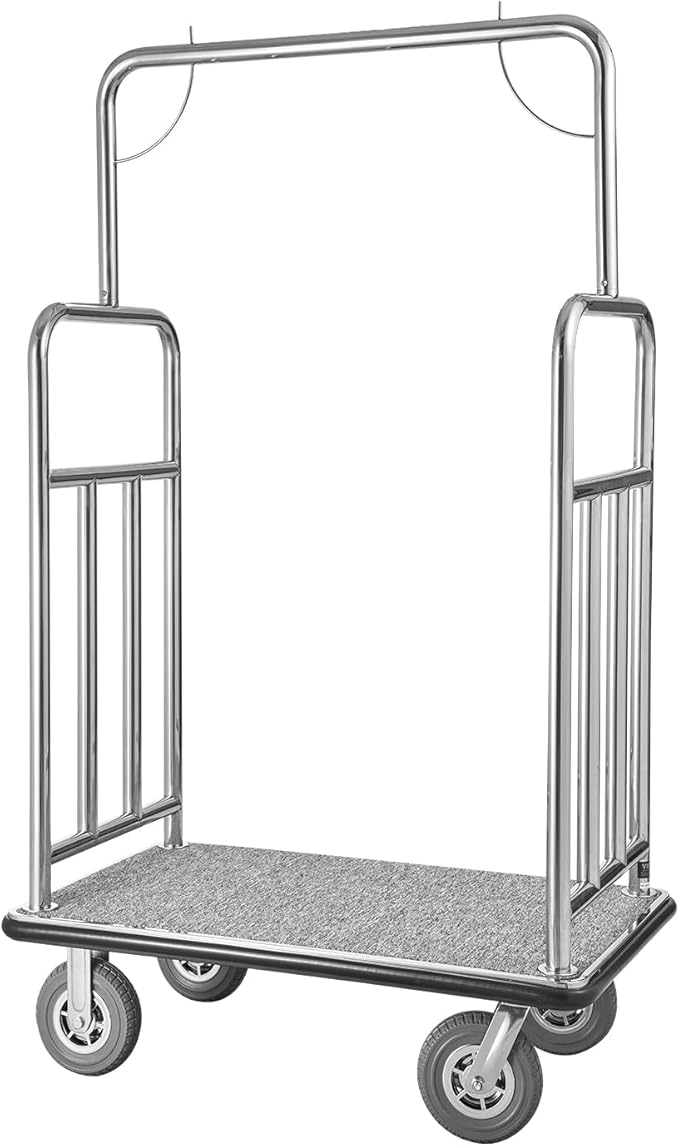 VEVOR Hotel Luggage Cart, Brushed Stainless Steel Finish Bellman's Cart, 1200 LBS Valet Cart with Grey Carpeted Deck and 8-inch Rubber Wheels, Ideal for Hotels, Condos, Resorts, Silver