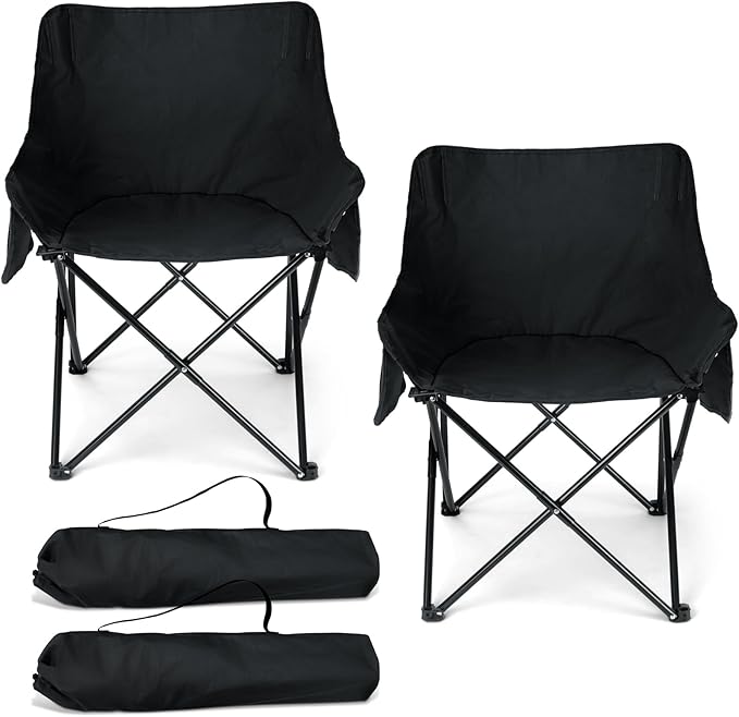 HaSteeL Camping Chair for Adults, Compact Folding Portable Chairs Set with Side Pockets for Outdoors Fishing, Hiking, Backpacking, Picnic, Beach, Travel, Supports to 250lbs, & Storage Bags (Black)