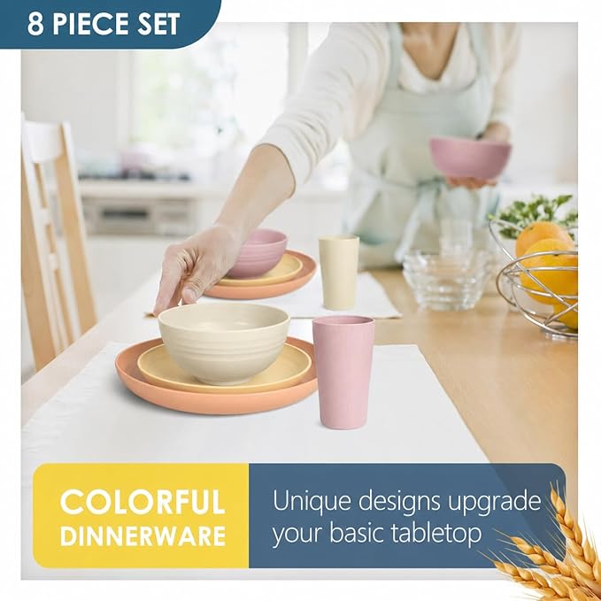 Teivio 32-Piece Wheat Straw Dinnerware Sets for 8, Dinner Plates, Dessert Plate, Cereal Bowls, Cups 13.5oz, Unbreakable Colorful Plastic Outdoor Camping RV Kitchen Essentials Dishes, Pink Ombre
