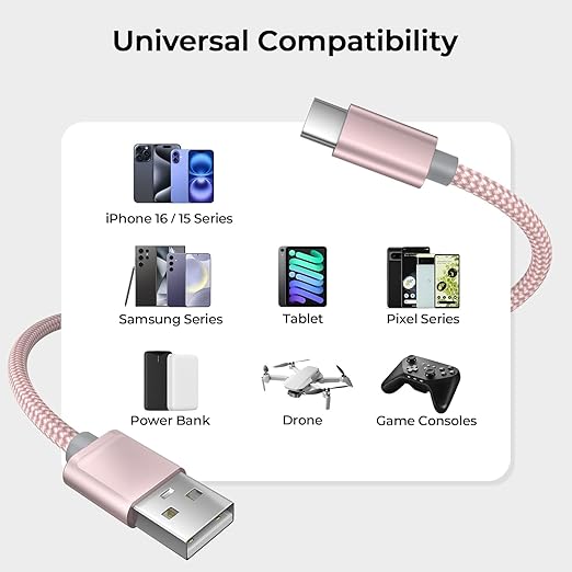 Basesailor for iPhone 17 16 Pro Max Charger Cord,USB to USB C Cable,Type C Charging Power Cord for Apple 17e 15 iPad 10 Air 4 5,Samsung Galaxy S26 S25 S24 S23,Pink,3Pack 1.5/3.3/6.6FT(0.5/1/2M)