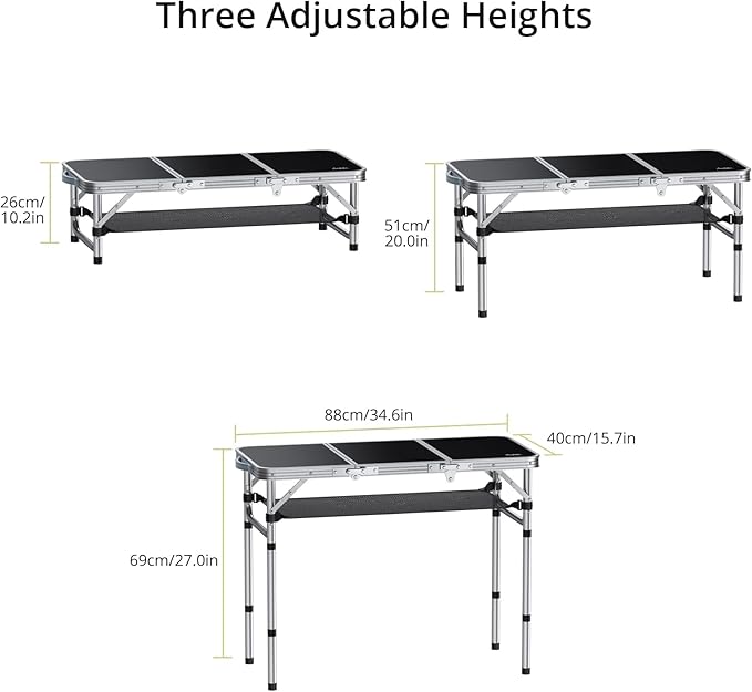 Anbte Folding Camping Table with Storage Net, 3ft Camping Table Aluminum Folding Table with 3 Adjustable Height Max 27.1 Inch Picnic Table Portable Table for Outdoor Backyard BBQ, Black