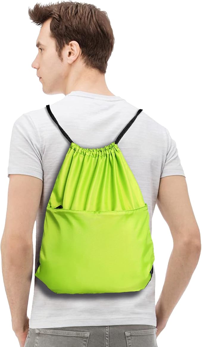 Drawstring Backpack Sports Water Resistant String Bag Sport Gym Sackpack for Women Men Large with Zipper, Apple Green