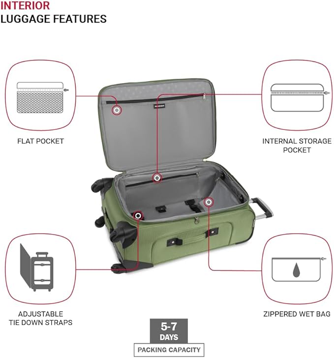 SWISSGEAR Sion Softside Expandable Spinner Luggage Durable Lightweight Travel Suitcase, Evergreen, Checked-Medium 25-Inch