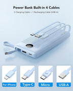 VRURC Portable Charger for iPhone, Built in Cables & Lanyard Power Bank 10000mAh, Compact USB C Charging Bank 5 Outputs for Multi Devices,Travel Essential for Hiking Camping Business Cruise Ship-Blue
