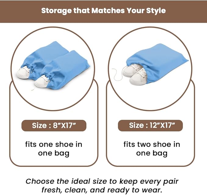 LFH Cotton Rich Shoe Storage Bags with Drawstring, Dustproof Breathable Reusable Organizer, Perfect For Travel, Dorm, Hotel, College, Gym, Easy to Carry, Machine Washable 8"x17" (Pack of 4) - Sky Blue