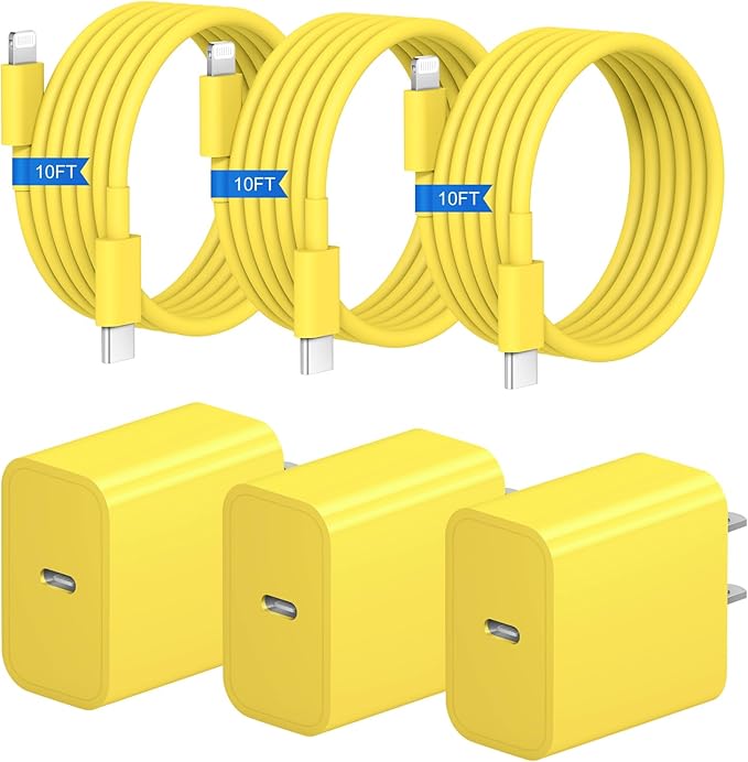 iPhone Fast Charger 3+3Pack 20W USB C Wall Charger with 10FT Fast Charging Cable Compatible with iPhone 14/13/12/11/Pro/Pro Max-Yellow