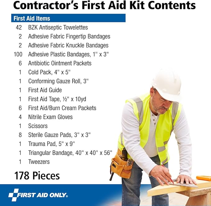 First Aid Only 9302-25M 25-Person Contractor's First Aid Kit for Home Renovation, Job Sites, and Construction Vehicles, 178 Pieces, Pack of 12