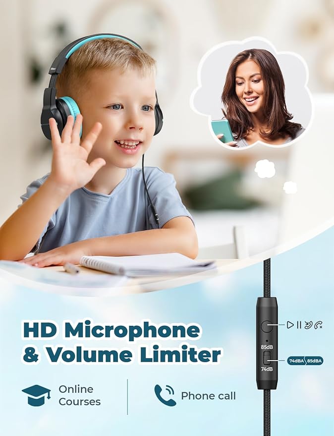 iClever HS19 Kids Headphones with Microphone for School, Volume Limiter 74/85dBA, Over-Ear Girls Boys Headphones for Kids with Shareport, Foldable Wired for iPad/Travel (Black)