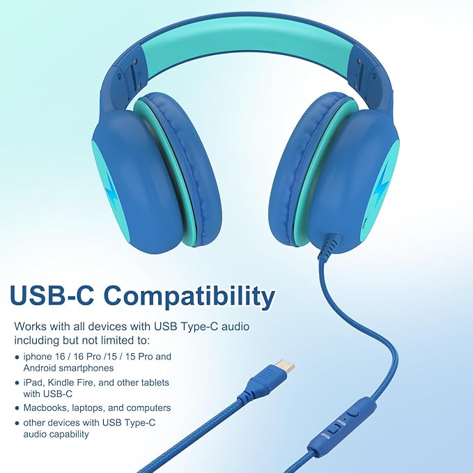 Voopwink Kids Headphones Wired with Microphone, USB Type C Headphones for Kids Girls Boys with Cord/LED Lights/85/94dB Volume Limit, Portable Over Ear Headphones for School/Travel/Tablet/iPad