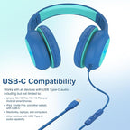 Voopwink Kids Headphones Wired with Microphone, USB Type C Headphones for Kids Girls Boys with Cord/LED Lights/85/94dB Volume Limit, Portable Over Ear Headphones for School/Travel/Tablet/iPad