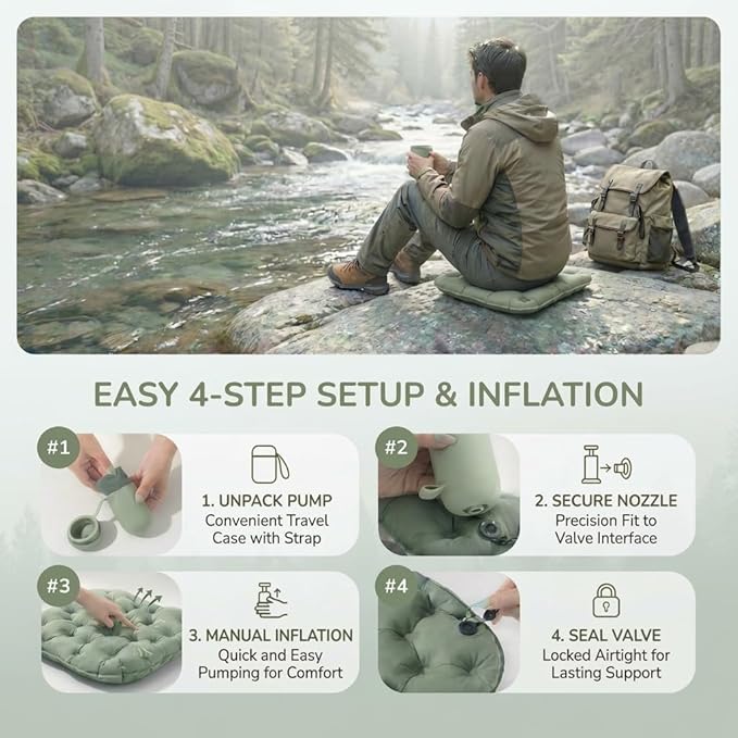 Portable Inflatable Seat Cushion w/Press Pump, No Mouth-Blow Air Pad for Flights, Waterproof Lightweight Chair Cushion for Stadium, Camping, Picnic, Fishing, Beach, Grass & Muddy Ground (Green)