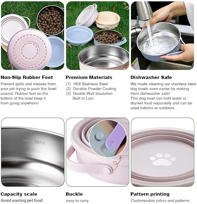 3-in-1 Travel Dog Bowl Set – 30 OZ Stainless Steel + 20 OZ Collapsible Water Bowl Lid | BPA-Free, Anti-Slip, Portable Dog Bowl w/Handle/Poop Bag Holder with Carabiner | Pink Bowls