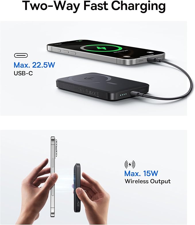 Baseus 0.3" Ultra Slim 5000mAh MagSafe Portable Charger with USB-C Braided Cable&Baseus Qi2 Certified 15W Wireless Magnetic Power Bank 10000mAh with USB-C Cable