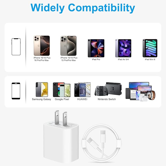 iPhone 17 16 15 Charger Fast Charging 6FT - 20W USB C Charger Block with 6FT Type C to C Cable Compatible with iPhone 17/17 Pro/17 Pro Max/Air/16/16e/15, iPad Pro, iPad Air (White)