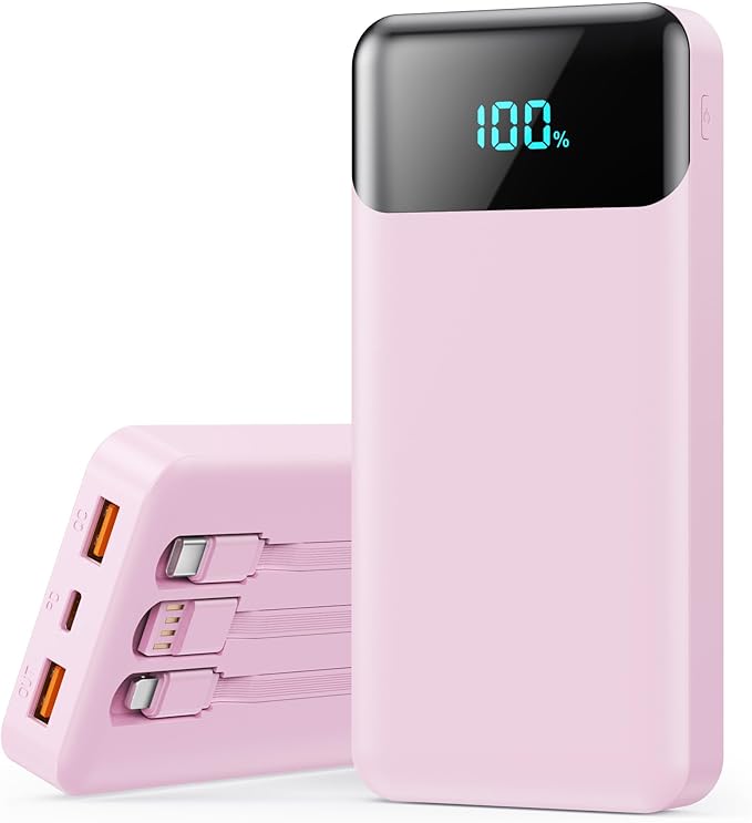 Portable Charger Power Bank 40800mAh with Built-in Cables,25W Fast Phone Charging Portable Battery Pack,5 Outputs Travel Essentials Outdoor External Battery for iPhone 17/16,Galaxy Android etc-Pink