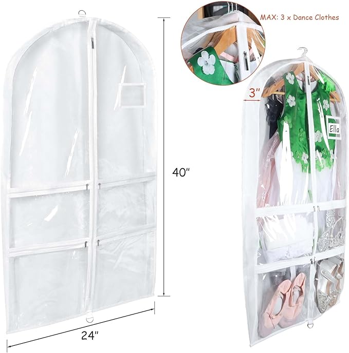Syeeiex 3" Gusseted Dance Costume Garment Bag(5 Pack), 40'' Dance Garment Bags for Dancers with 4 Zipper Pockets & Can Hold 1-3 Dance Costumes - Suitable for Dance Competitions, Ballet(White)
