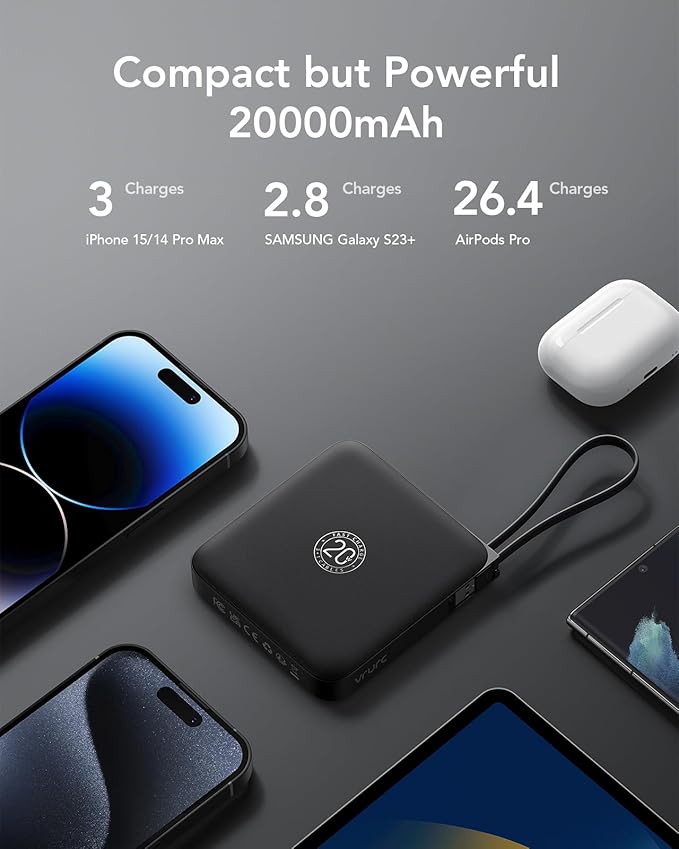 VRURC 20000mAh Portable Charger with Built-in 4 Cables, Battery Pack Charger Portable PD 20W Fast Charging, Power Bank for iPhone 17 X Samsung Galaxy S26 Series Android Phone, Black