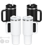 4 Pack 40 Oz Tumblers with Handle Bulk, Double Wall Vacuum Insulated Stainless Steel Tumblers with Lid and Straw, 40 oz Cups with Silicone Spill Proof Stopper Set (Black-2,White-2)