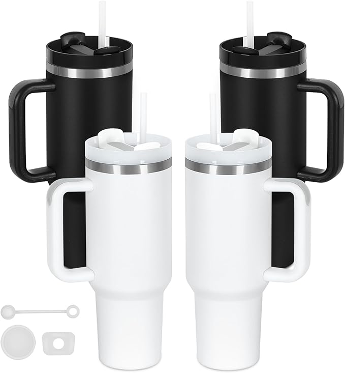 4 Pack 40 Oz Tumblers with Handle Bulk, Double Wall Vacuum Insulated Stainless Steel Tumblers with Lid and Straw, 40 oz Cups with Silicone Spill Proof Stopper Set (Black-2,White-2)