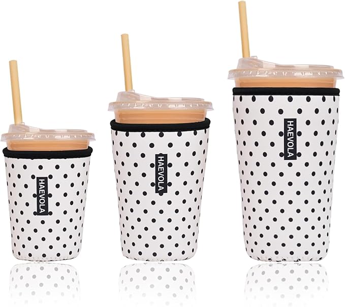 Reusable Insulated Neoprene Iced Coffee Cup Sleeve, Durable Drink Sleeve for Cold Beverages, Beverage Holder for Iced Coffee, Black Polka Dots