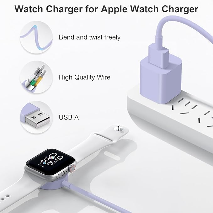 Fast Charger for Apple Watch Charger, Magnetic iWatch Charger to USB A Cable 3.3FT with USB A Wall Plug Adapter for Apple iWatch Series Ultra/10/9/8/7/6/SE/5/4/3/2 (Purple)
