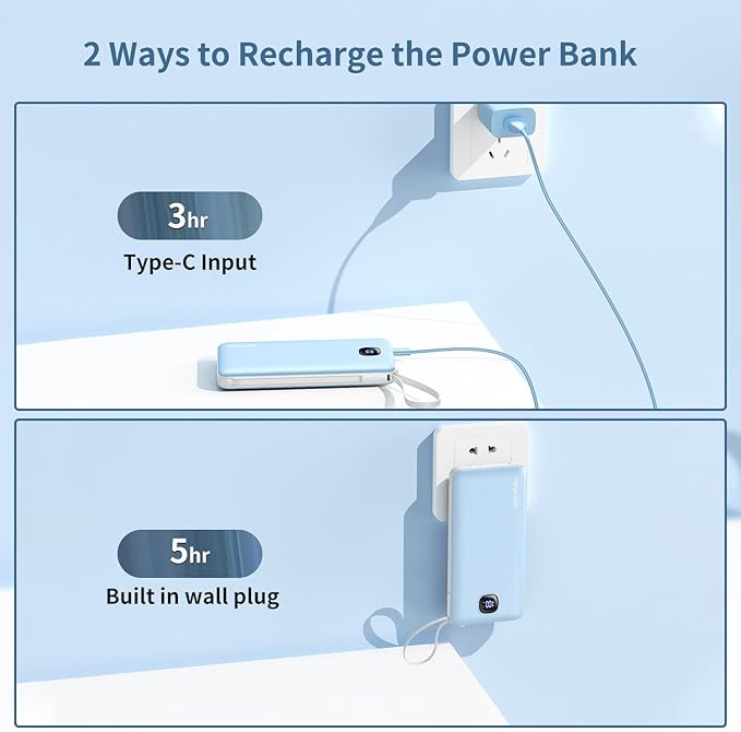 penaover Portable Charger with Built-in Cables&AC Wall Plug,Slim 10000mAh 22.5W Fast Charging Power Bank,5 Output 2 Input USB-C External Battery Pack Compatible with iPhones,Samsung,Android, etc