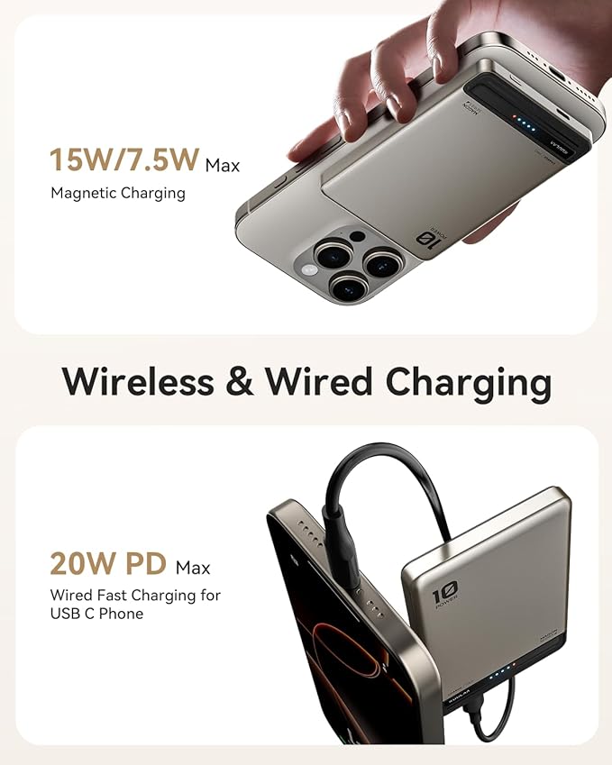 Kuulaa 10000mAh MagSafe Battery Pack, 0.51in Ultra Slim Magnetic Power Bank with LED Indicator, 20W PD USB-C Fast Charging Portable Charger for iPhone 17/16/15/14/13/12, Titanium