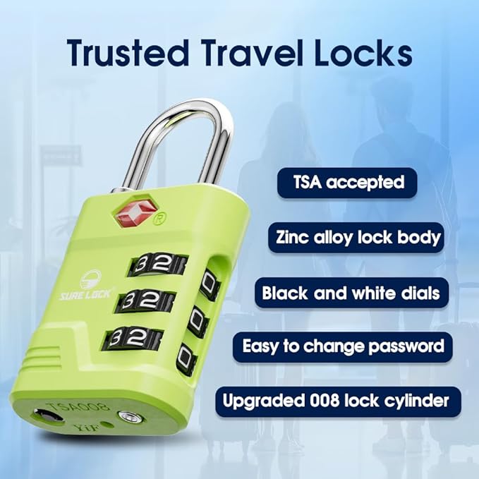 SURE LOCK TSA Approved Luggage Lock – 3-Digit Resettable Combination Padlock with Open Alert Red Dot, Large Easy-Read Dials for Suitcases, Backpacks, Gym & School Lockers (Green 4 pk)