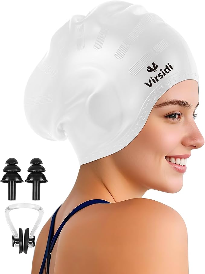 Swim Cap for Long Hair, Silicone Swimming Cap for Adult Women Men with 3D Ear Protection, Waterproof Large Swim Hats Bathing Caps to Keep Hair Dry with Ear Plugs Nose Clip