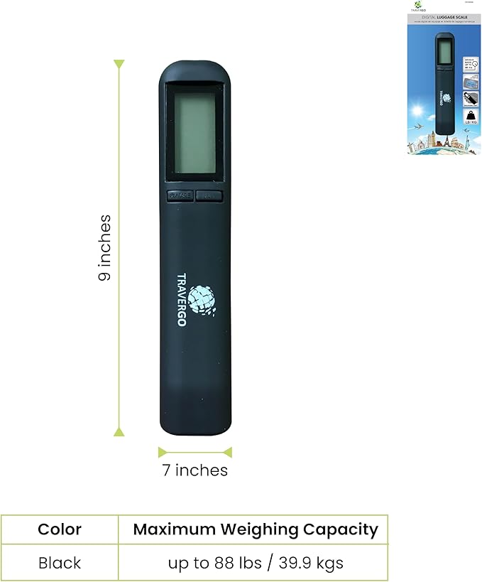 GoGreen Power (TR1320BK) Digital Luggage Scale, Digital Weighing Scale with Strap, Battery Powered Baggage Scale with Built-in lbs/kg Conversion, Measures up to 88 lbs / 39.9 kgs, Black