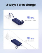 Portable Power Bank, Compact 10000mAh Portable Charger with 4 Cables, USB C Battery Pack 5 Outputs 2 Inputs LED Display Compatible with iPhone/Android & More (Navy Blue)