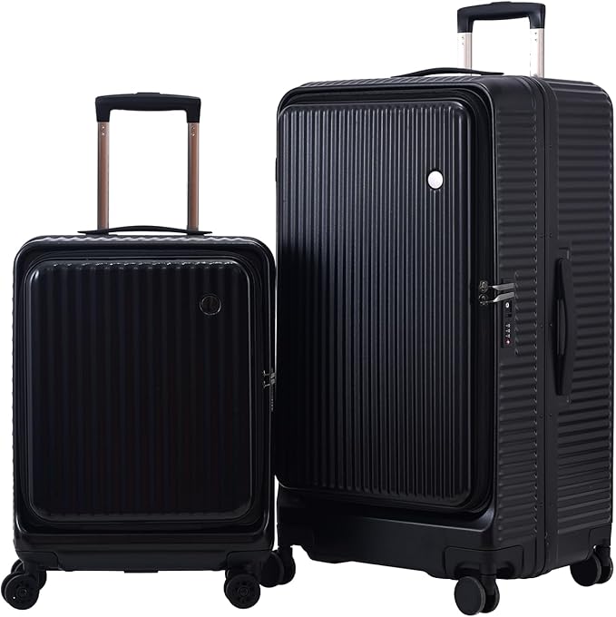 Kaleenie 2 pieces 20/29 Aluminum Frame Carry On and Checked Luggage Set with Side Opening, Lightweight Hardshell ABS+PC Trunk Suitcase with TSA Lock, 360° Universal Wheels & Adjustable Handle, Black