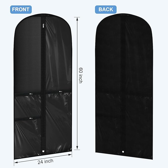Woanger 6 Pcs Garment Bags for Dance Costumes Clear PVC with Zippers Garment Bag with Pockets Dance Costume Organizer Carrier for Storage Cover for Adult(Black,24'' X 60'')