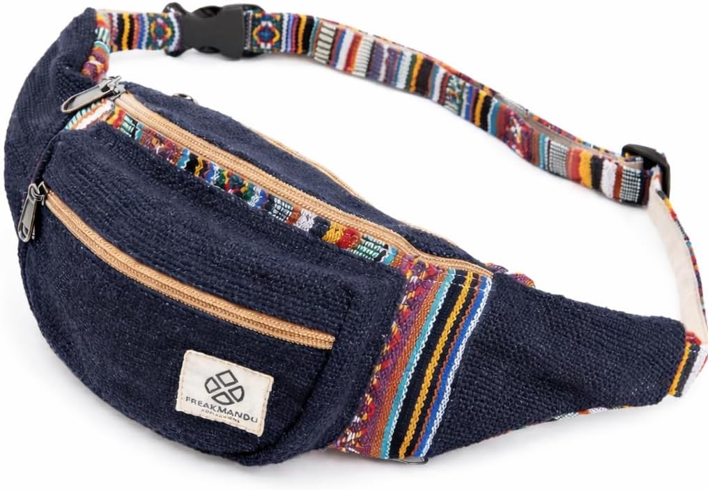 Freakmandu Eco-Friendly Boho Hippie Style Hemp Fanny Pack Blue Hip Waist Bag for Hiking Running Jogging (Azure)