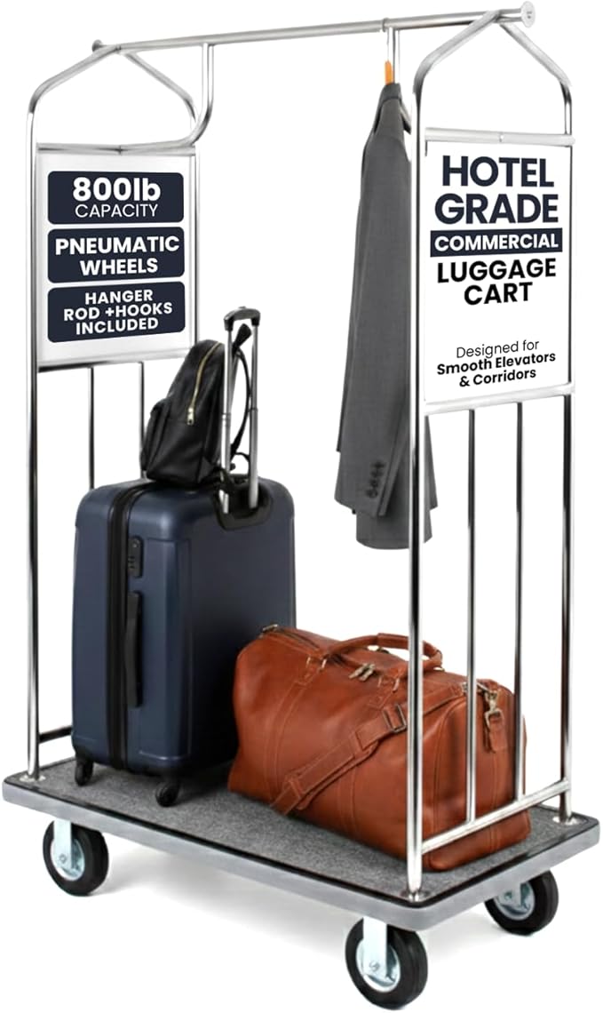 Chrome Steel Luggage Cart – 800lb Capacity – Bellman Cart w/ 6” Air Filled Tires & Gray Carpet, for Hotel, Resorts, Condos, Commercial Use (Value Valet Series)