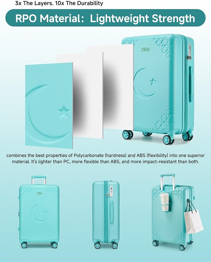 Somago Expandable 2-Piece Luggage Sets 20"/24" Suitcases with Shock-Absorbing Braking Spinner Wheels Moon Star Design Hard Shell Suitcase with Cupholder TSA Lock (Robin Egg Blue,Expandable 20/24 Inch)