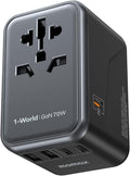 MOMAX Universal Travel Adapter 70W GaN, 3 USB-C PD & 2 USB-A QC, International Power Adapter Outlet, 6-in-1 Wall Charger for Laptop, Phone, European Travel Plug Adapter for UK/US/AUS/JP