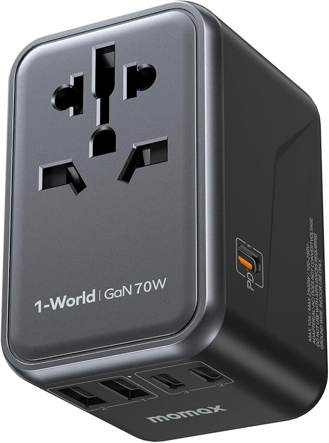 MOMAX Universal Travel Adapter 70W GaN, 3 USB-C PD & 2 USB-A QC, International Power Adapter Outlet, 6-in-1 Wall Charger for Laptop, Phone, European Travel Plug Adapter for UK/US/AUS/JP
