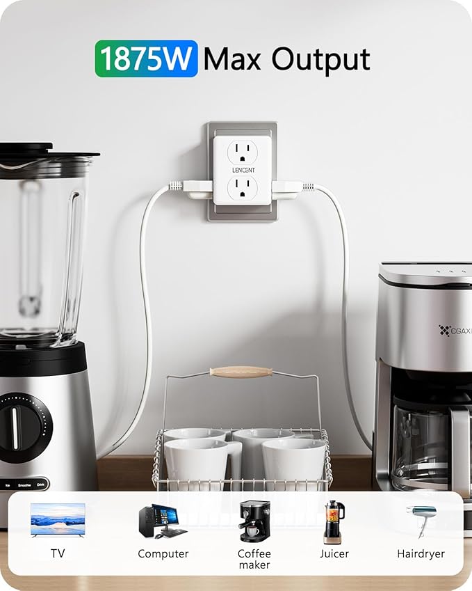 LENCENT 2 to 3 Prong Outlet Adapter, 2 Pack 2 Prong Power Strip, 6 Widely Spaced Sockets Extender, 3-Sided Wall Plug Splitter, 1875W Max, Compact Wall tap for Non-Grounded Outlets in Old House Hotel