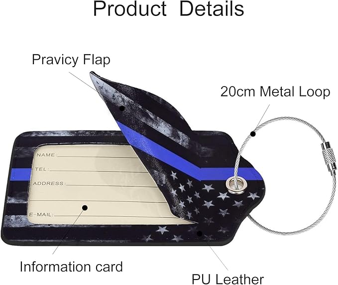 2 Pack Luggage Tags for Suitcases, PU Leather Bag Tag with Privacy Cover Address Card Travel Essentials-Blue Line American Flag