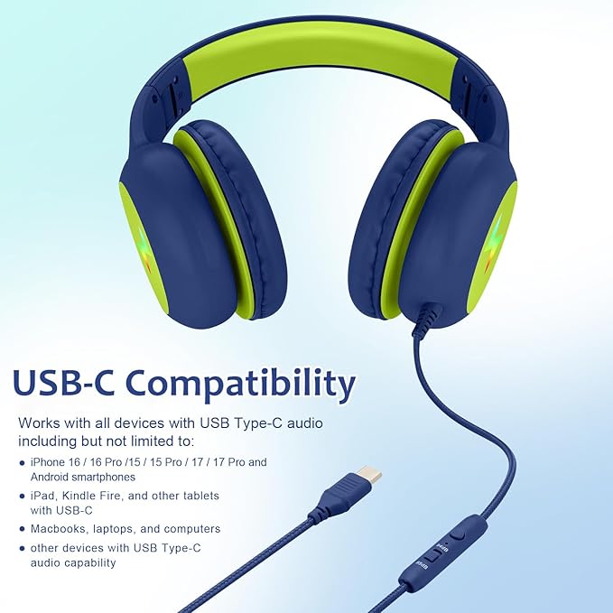 Voopwink Kids Headphones Wired with Microphone, USB Type C Headphones for Kids Girls Boys with Cord/LED Lights/85/94dB Volume Limit, Portable Over Ear Headphones for School/Travel/Tablet/iPad