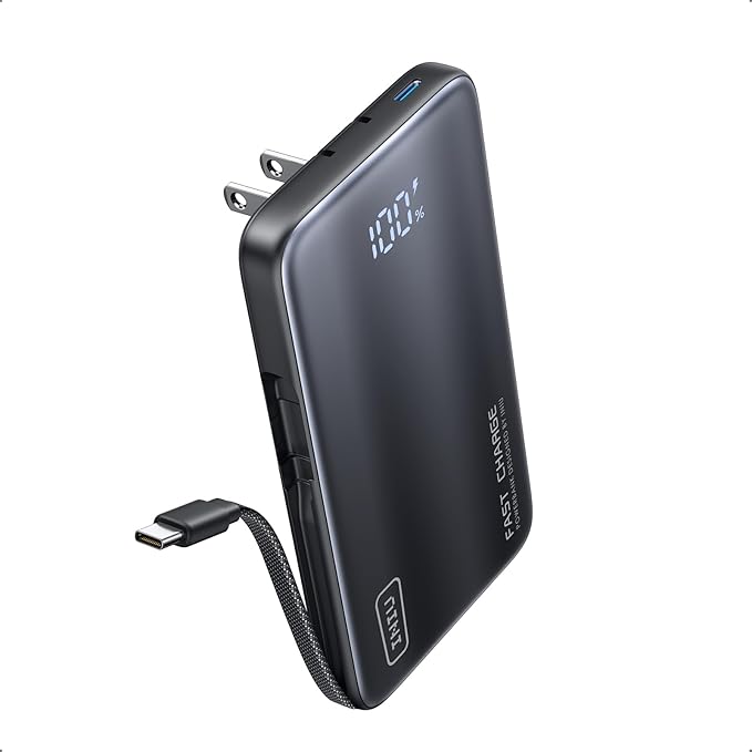 INIU Portable Charger, Ultra Slim & Small 45W Fast Charging Power Bank, 10000mAh GaN Battery Pack with Built-in AC Wall Plug, Flight-Safe Travel 3-in-1 Powerbank, for iPhone 17 16, Samsung, Tablet etc