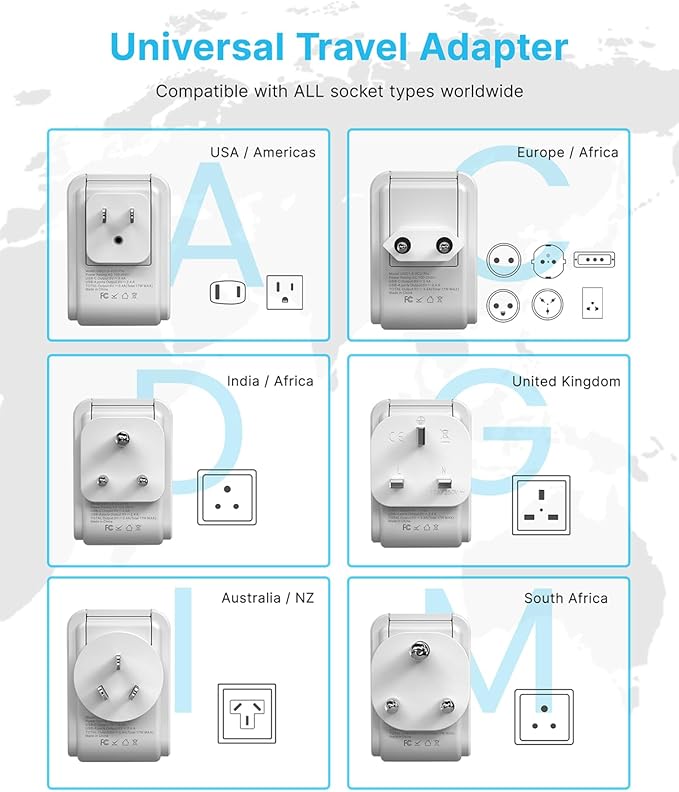 VINTAR Universal Travel Adapter Kit, 3ft Detachable Extension Cord with 4 AC Outlets & 3 USB(2 USB C), Type A/C/G/D/I/M International Power Adaptor for US to Europe UK India South Africa Japan